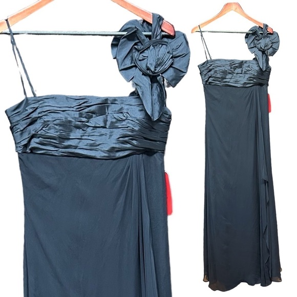 JS Collections black evening gown in black size 12 shoulder flower new - Picture 1 of 14